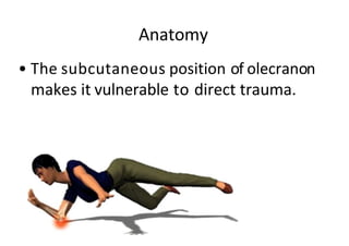 Anatomy
• The subcutaneous position of olecranon
makes it vulnerable to direct trauma.
 