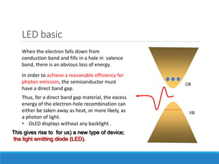 LED basic
When the electron falls down from
conduction band and fills in a hole in valence
band, there is an obvious loss ...