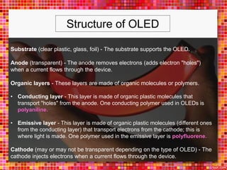 Substrate (clear plastic, glass, foil) - The substrate supports the OLED.
Anode (transparent) - The anode removes electrons (adds electron "holes")
when a current flows through the device.
Organic layers - These layers are made of organic molecules or polymers.
• Conducting layer - This layer is made of organic plastic molecules that
transport "holes" from the anode. One conducting polymer used in OLEDs is
polyaniline.
• Emissive layer - This layer is made of organic plastic molecules (different ones
from the conducting layer) that transport electrons from the cathode; this is
where light is made. One polymer used in the emissive layer is polyfluorene.
Cathode (may or may not be transparent depending on the type of OLED) - The
cathode injects electrons when a current flows through the device.
Structure of OLED
 