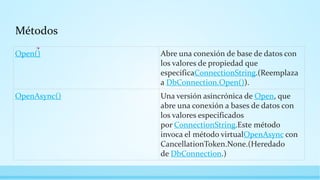 Métodos
Open() Abre una conexión de base de datos con
los valores de propiedad que
especificaConnectionString.(Reemplaza
a DbConnection.Open()).
OpenAsync() Una versión asincrónica de Open, que
abre una conexión a bases de datos con
los valores especificados
por ConnectionString.Este método
invoca el método virtualOpenAsync con
CancellationToken.None.(Heredado
de DbConnection.)
 
