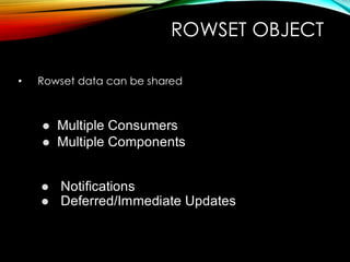 ROWSET OBJECT
• Rowset data can be shared
⚫ Multiple Consumers
⚫ Multiple Components
⚫ Notifications
⚫ Deferred/Immediate Updates
 