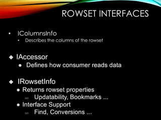 ROWSET INTERFACES
• IColumnsInfo
• Describes the columns of the rowset
◆ IAccessor
⚫ Defines how consumer reads data
◆ IRowsetInfo
⚫ Returns rowset properties
 Updatability, Bookmarks ...
⚫ Interface Support
 Find, Conversions ...
 