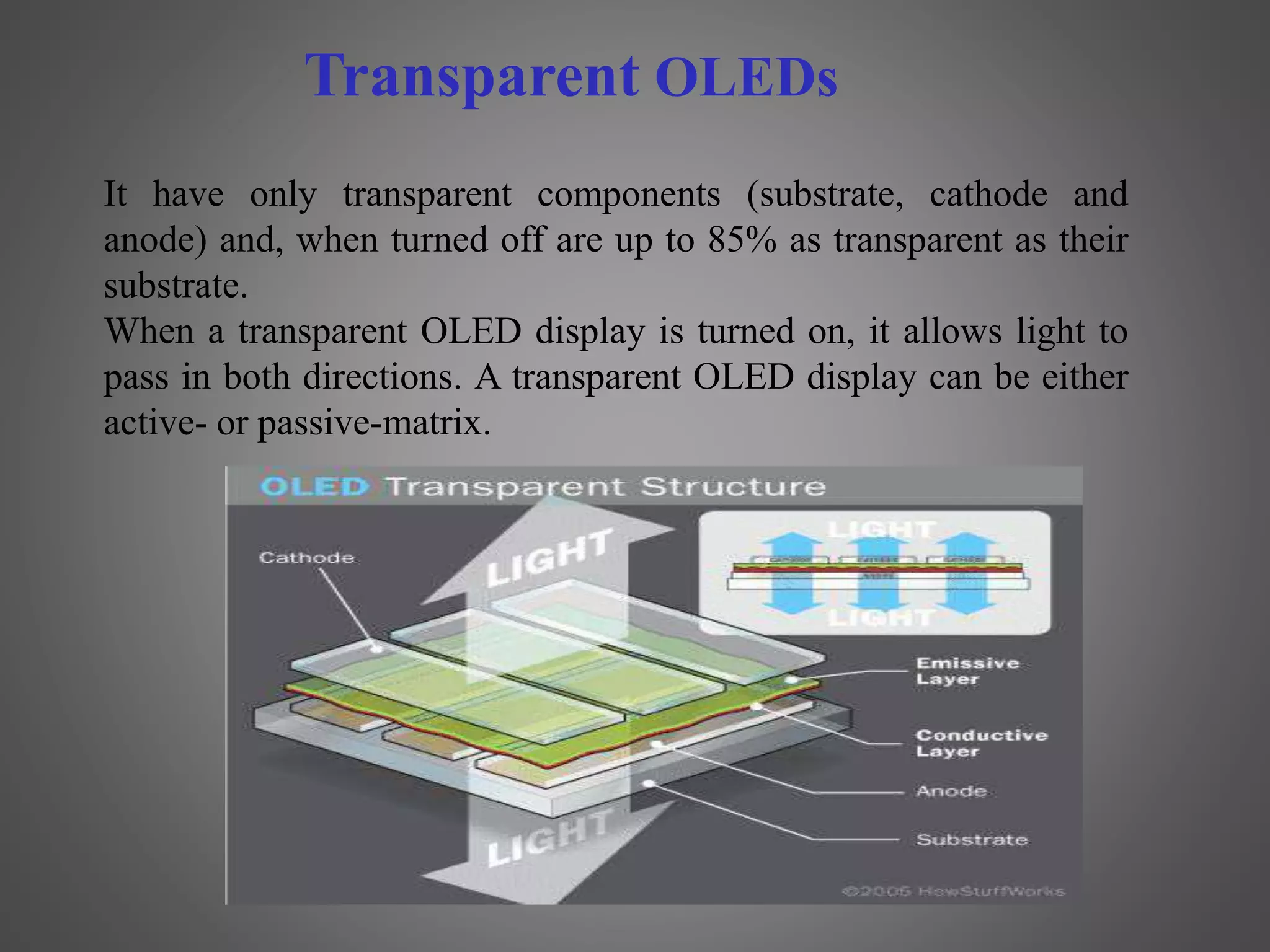 It have only transparent components (substrate, cathode and
anode) and, when turned off are up to 85% as transparent as their
substrate.
When a transparent OLED display is turned on, it allows light to
pass in both directions. A transparent OLED display can be either
active- or passive-matrix.
Transparent OLEDs
 