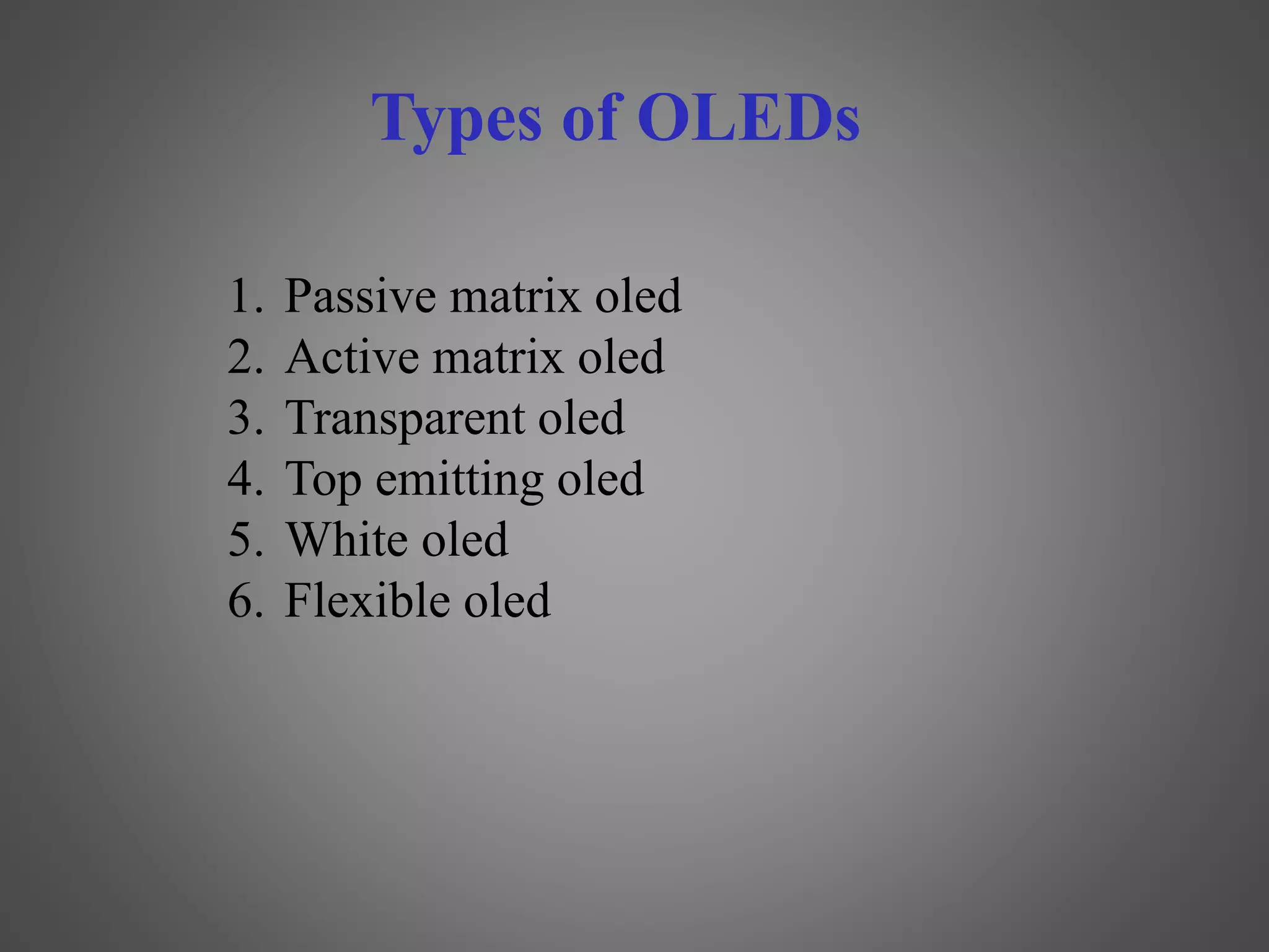 Types of OLEDs
1. Passive matrix oled
2. Active matrix oled
3. Transparent oled
4. Top emitting oled
5. White oled
6. Flexible oled
 