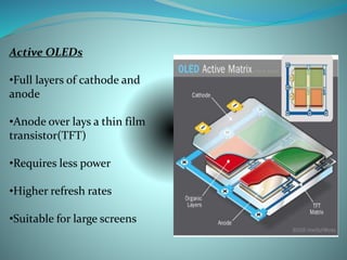 Active OLEDs
•Full layers of cathode and
anode
•Anode over lays a thin film
transistor(TFT)
•Requires less power
•Higher refresh rates
•Suitable for large screens
 