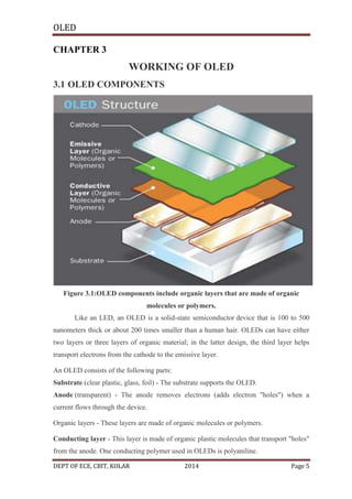 OLED
CHAPTER 3

WORKING OF OLED
3.1 OLED COMPONENTS

Figure 3.1:OLED components include organic layers that are made of organic
molecules or polymers.
Like an LED, an OLED is a solid-state semiconductor device that is 100 to 500
nanometers thick or about 200 times smaller than a human hair. OLEDs can have either
two layers or three layers of organic material; in the latter design, the third layer helps
transport electrons from the cathode to the emissive layer.
An OLED consists of the following parts:
Substrate (clear plastic, glass, foil) - The substrate supports the OLED.
Anode (transparent) - The anode removes electrons (adds electron "holes") when a
current flows through the device.
Organic layers - These layers are made of organic molecules or polymers.
Conducting layer - This layer is made of organic plastic molecules that transport "holes"
from the anode. One conducting polymer used in OLEDs is polyaniline.
DEPT OF ECE, CBIT, KOLAR

2014

Page 5

 