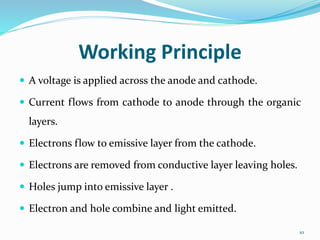Working Principle
 A voltage is applied across the anode and cathode.
 Current flows from cathode to anode through the organic
layers.
 Electrons flow to emissive layer from the cathode.
 Electrons are removed from conductive layer leaving holes.
 Holes jump into emissive layer .
 Electron and hole combine and light emitted.
10
 
