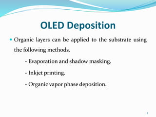 OLED Deposition
 Organic layers can be applied to the substrate using
the following methods.
- Evaporation and shadow mas...