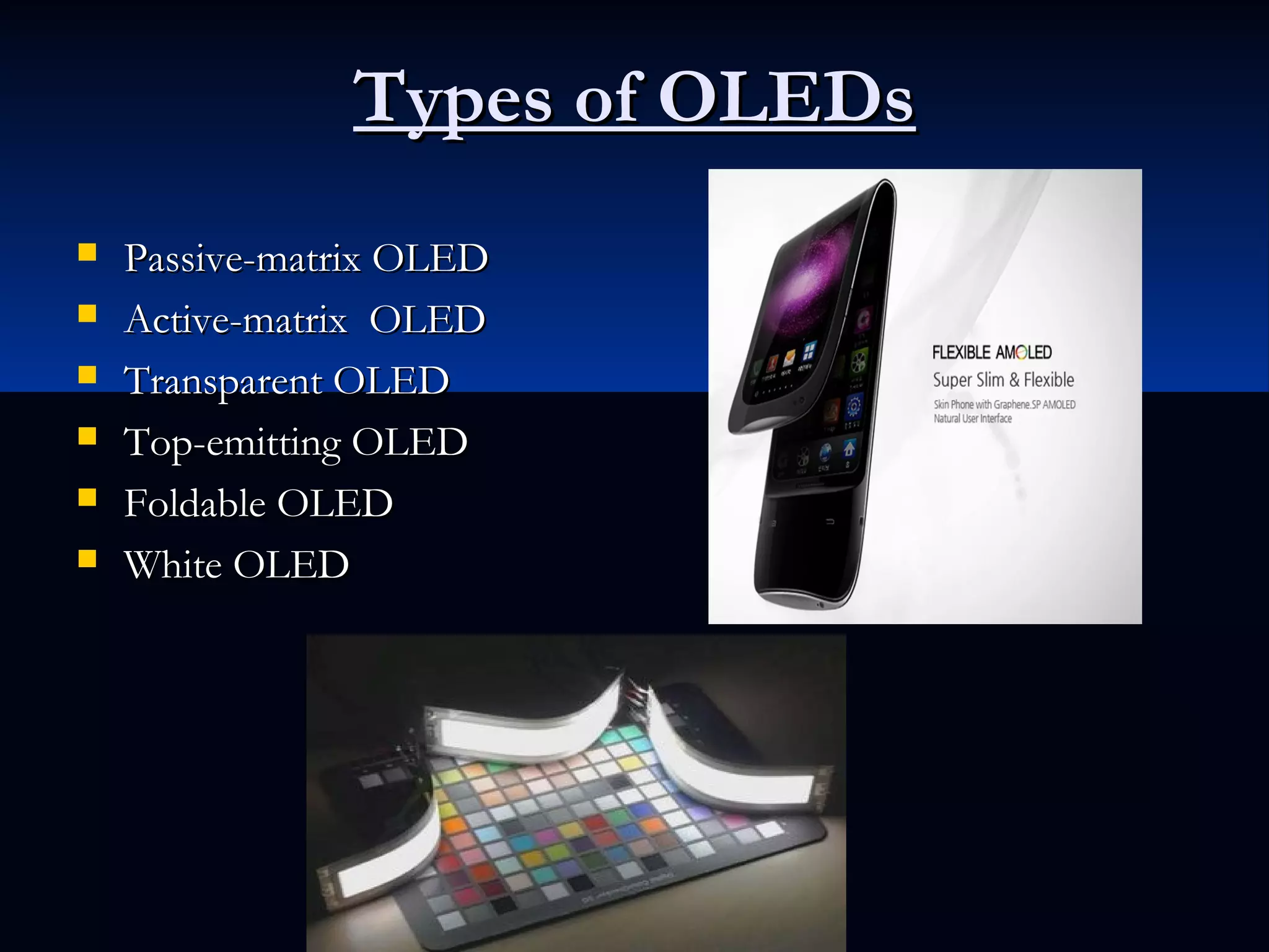 Types of OLEDsTypes of OLEDs
 Passive-matrix OLEDPassive-matrix OLED
 Active-matrix OLEDActive-matrix OLED
 Transparent OLEDTransparent OLED
 Top-emitting OLEDTop-emitting OLED
 Foldable OLEDFoldable OLED
 White OLEDWhite OLED
 