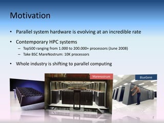 Motivation
• Parallel system hardware is evolving at an incredible rate
• Contemporary HPC systems
    – Top500 ranging from 1.000 to 200.000+ processors (June 2008)
    – Take BSC MareNostrum: 10K processors

• Whole industry is shifting to parallel computing




                                                                     2
 