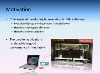 Motivation
• Challenges of developing large-scale scientific software
   – Evolution of programming models is much slower
   – Hard to achieve good efficiency
   – Hard to achieve scalability

• The parallel applications
  rarely achieve good
  performance immediately




                          MPI
                                                             3
 