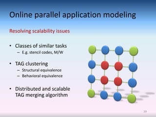 Online parallel application modeling
Resolving scalability issues

• Classes of similar tasks
   – E.g. stencil codes, M/W

• TAG clustering
   – Structural equivalence
   – Behavioral equivalence


• Distributed and scalable
  TAG merging algorithm

                                       39
 
