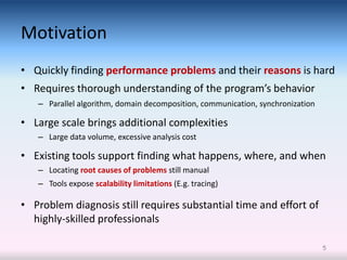 Motivation
• Quickly finding performance problems and their reasons is hard
• Requires thorough understanding of the program’s behavior
   – Parallel algorithm, domain decomposition, communication, synchronization

• Large scale brings additional complexities
   – Large data volume, excessive analysis cost

• Existing tools support finding what happens, where, and when
   – Locating root causes of problems still manual
   – Tools expose scalability limitations (E.g. tracing)

• Problem diagnosis still requires substantial time and effort of
  highly-skilled professionals

                                                                                5
 