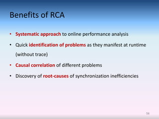 Benefits of RCA

• Systematic approach to online performance analysis

• Quick identification of problems as they manifest at runtime
  (without trace)

• Causal correlation of different problems

• Discovery of root-causes of synchronization inefficiencies




                                                                 58
 