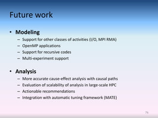 Future work
• Modeling
  –   Support for other classes of activities (I/O, MPI RMA)
  –   OpenMP applications
  –   Support for recursive codes
  –   Multi-experiment support


• Analysis
  –   More accurate cause-effect analysis with causal paths
  –   Evaluation of scalability of analysis in large-scale HPC
  –   Actionable recommendations
  –   Integration with automatic tuning framework (MATE)


                                                                 76
 