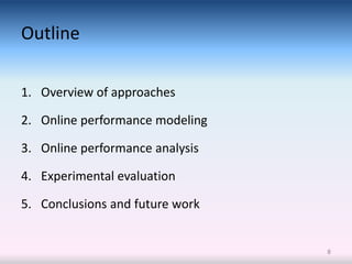 Outline

1. Overview of approaches

2. Online performance modeling

3. Online performance analysis

4. Experimental evaluation

5. Conclusions and future work


                                 8
 