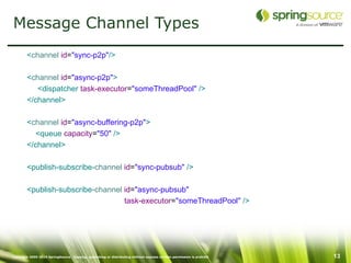 Message Channel Types
        <channel id="sync-p2p"/>

        <channel id="async-p2p">
           <dispatcher task-executor="someThreadPool" />
        </channel>

        <channel id="async-buffering-p2p">
           <queue capacity="50" />
        </channel>

        <publish-subscribe-channel id="sync-pubsub" />

        <publish-subscribe-channel id="async-pubsub"
                                   task-executor="someThreadPool" />




Copyright 2005-2010 SpringSource. Copying, publishing or distributing without express written permission is prohibit   13
 