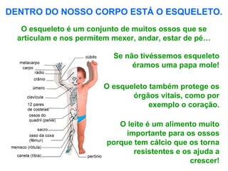 Se não tivéssemos esqueleto
éramos uma papa mole!
DENTRO DO NOSSO CORPO ESTÁ O ESQUELETO.
O esqueleto é um conjunto de muitos ossos que se
articulam e nos permitem mexer, andar, estar de pé…
O esqueleto também protege os
órgãos vitais, como por
exemplo o coração.
O leite é um alimento muito
importante para os ossos
porque tem cálcio que os torna
resistentes e os ajuda a
crescer!
 
