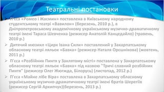 Театральні постановки
 П'єса «Ромео і Жасмин» поставлена в Київському народному
студентському театрі «Вавилон» (березень, 2010 р.), в
Дніпропетровському академічному українському музично-драматичному
театрі імені Тараса Шевченка (режисер Анатолій Канцедайло) (травень,
2010 р.)
 Дитячий мюзикл «Цирк Івана Сили» поставлений у Закарпатському
обласному театрі ляльок «Бавка» (режисер Наталя Орєшнікова) (жовтень,
2011 р.)
 П'єса «Розбійник Пинтя у Заклятому місті» поставлена у Закарпатському
обласному театрі ляльок «Бавка» під назвою "Тричі славний розбійник
Пинтя" (режисер Олег Жюгжда, Білорусь) (листопад, 2012 р.)
 П'єса «Майне лібе Віра» поставлена в Закарпатському обласному
українському музично-драматичному театрі імені братів Шерегіїв
(режисер Сергій Архипчук)(березень, 2013 р.)
 