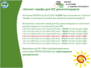 «Зелені» тарифи для СЕС домогосподарств
Постанова НКРЕКП від 20.07.2015 №2505 Про встановлення "зелених"
тарифів на електричну енергію для приватних домогосподарств
Встановлює «зелений» тариф для СЕС домогосподарств в залежності
від дати введення в екслуатацію такої СЕС:
з 01 квітня 2013 року по 31 грудня 2014 року – 876,85 коп/кВт∙год (без ПДВ);
з 01 січня 2015 року по 30 червня 2015 року – 788,64 коп/кВт∙год (без ПДВ);
з 01 липня 2015 року по 31 грудня 2015 року – 489,77 коп/кВт∙год (без ПДВ);
з 01 січня 2016 року по 31 грудня 2016 року – 464,76 коп/кВт∙год (без ПДВ);
з 01 січня 2017 року по 31 грудня 2019 року – 442,37 коп/кВт∙год (без ПДВ);
з 01 січня 2020 року по 31 грудня 2024 року – 397,61 коп/кВт∙год (без ПДВ);
з 01 січня 2025 року по 31 грудня 2029 року – 354,16 коп/кВт∙год (без ПДВ).
Відповідно до ЗУ «Про електроенергетику»
постанова НКРЕКП №2505 має переглядатися
щоквартально
 