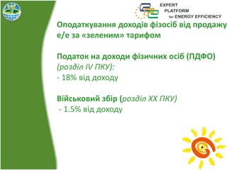 Оподаткування доходів фізосіб від продажу
е/е за «зеленим» тарифом
Податок на доходи фізичних осіб (ПДФО)
(розділ IV ПКУ):
- 18% від доходу
Військовий збір (розділ XX ПКУ)
- 1.5% від доходу
 