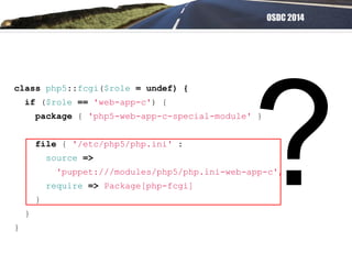 OSDC 2014
?
class php5::fcgi($role = undef) {
if ($role == 'web-app-c') {
package { 'php5-web-app-c-special-module' }
file { '/etc/php5/php.ini' :
source =>
'puppet:///modules/php5/php.ini-web-app-c',
require => Package[php-fcgi]
}
}
}
 