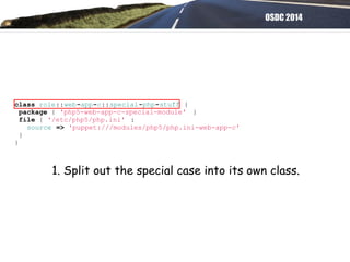 OSDC 2014
class role::web-app-c::special-php-stuff {
package { 'php5-web-app-c-special-module' }
file { '/etc/php5/php.ini' :
source => 'puppet:///modules/php5/php.ini-web-app-c'
}
}
1. Split out the special case into its own class.
 