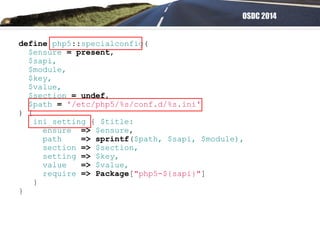 OSDC 2014
define php5::specialconfig(
$ensure = present,
$sapi,
$module,
$key,
$value,
$section = undef,
$path = '/etc/php5/%s/conf.d/%s.ini'
) {
ini_setting { $title:
ensure => $ensure,
path => sprintf($path, $sapi, $module),
section => $section,
setting => $key,
value => $value,
require => Package["php5-${sapi}"]
}
}
 