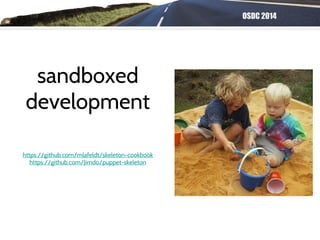 OSDC 2014
sandboxed
development
https://github.com/mlafeldt/skeleton-cookbook
https://github.com/Jimdo/puppet-skeleton
 