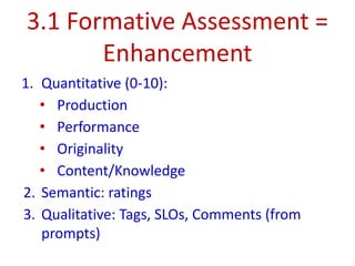 1. Quantitative (0-10):
• Production
• Performance
• Originality
• Content/Knowledge
2. Semantic: ratings
3. Qualitative: Tags, SLOs, Comments (from
prompts)
3.1 Formative Assessment =
Enhancement
 