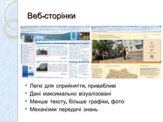 Веб-сторінки   Легкі для сприйняття, привабливі Дані максимально візуалізовані  Менше тексту, більше графіки, фото Механізми передачі знань  