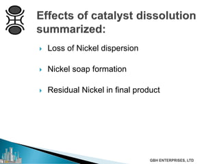  Loss of Nickel dispersion
 Nickel soap formation
 Residual Nickel in final product
 