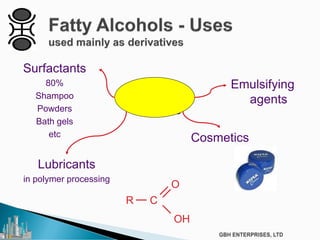 Fatty
Alcohols
Surfactants
80%
Shampoo
Powders
Bath gels
etc
Cosmetics
Lubricants
in polymer processing
Emulsifying
agents
OH
O
CR
 