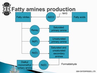 Fatty nitriles Fatty acidsAl2O3
NH3
Unsaturated
primary amine
Saturated
primary amine
Saturated and
unsaturated
secondary
amines
Dialkyl
monomethyl
tertiary amine
Ni(P)
Raney
Ni(D)
Ni(D) Formaldehyde
 