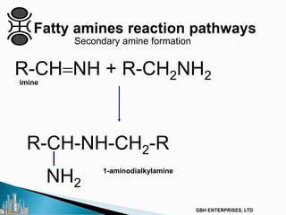 Secondary amine formation
R-CH=NH + R-CH2NH2imine
R-CH-NH-CH2-R
NH2
1-aminodialkylamine
 