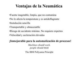 Ventajas de la Neumática
•Fuente inagotable, limpia, que no contamina
•No le afecta la temperatura y es antideflagrante
•Instalación sencilla
•Transportable y almacenable
•Riesgo de accidente mínimo. No requiere expertos
•Velocidad y aceleración elevadas
¡Inmejorable para la automatización de procesos!
Machines should work,
people should think
The IBM Pollyanna Principle
 