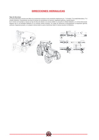 DIRECCIONES HIDRAULICAS
Tipos de direcciones
El sistema hidrostático de dirección (libre de accionamiento mecánico) está constituido simplemente por: 1º la bomba; 2º la unidad hidrostática; 3º el
cilindro hidráulico. Generalmente este tipo de sistemas los encontramos en tractores, maquinaria agrícola y autoelevadores.
En el sistema servoasistido se trata de un tipo de dirección donde en un mismo módulo se concentra el cilindro hidráulico y la válvula direccional.
Digamos que es un facilitador hidráulico al ya existente sistema mecánico. Su campo de utilización es principalmente la maquinaria agrícola,
camiones, maquinaria pesada y en cualquier sistema donde se quiera transformar desde el sistema mecánico al hidráulico.
 