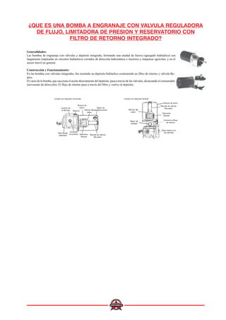 ¿QUE ES UNA BOMBA A ENGRANAJE CON VALVULA REGULADORA
DE FLUJO, LIMITADORA DE PRESION Y RESERVATORIO CON
FILTRO DE RETORNO INTEGRADO?
Generalidades:
Las bombas de engranaje con válvulas y depósito integrado, formando una unidad de fuerza (agregado hidráulico) son
largamente empleadas en circuitos hidráulicos cerrados de dirección hidrostática o tractores y máquinas agrícolas, y en el
sector móvil en general.
Construcción y Funcionamiento:
En las bombas con válvulas integradas, fue montado un depósito hidráulico conteniendo un filtro de retorno y válvula By-
pass.
El vacío de la bomba, que succiona el aceite directamente del depósito, pasa a través de las válvulas, alcanzando el consumidor
(servostato de dirección). El flujo de retorno pasa a través del filtro y vuelve al depósito.
Unidad con Depósito Horizontal
Cuerpo de
la Bomba Retorno
Tanque de
acero
Válvula «By-
pass»
Tapón de
abastecimiento
Tapa flange
delantera
Conexión
de presión Elemento
filtrante
Resorte de válvula
«By-pass»
Unidad con Depósito Vertical
Tanque de acero
Resorte de válvula
«By-pass»
Elemento
filtrante
Válvula «By-
pass»
Tapón de
drenaje
Conexión p/flujo
de retorno
Tapa trasera con
las válvulas
 