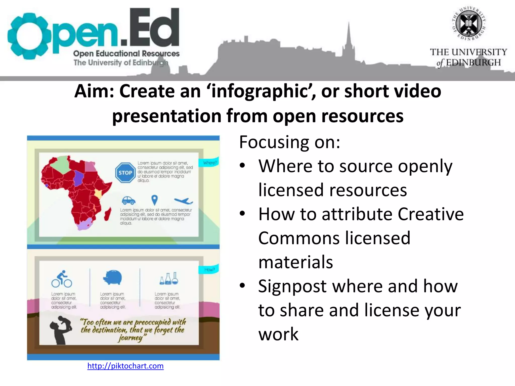 Aim: Create an ‘infographic’, or short video
presentation from open resources
Focusing on:
• Where to source openly
licensed resources
• How to attribute Creative
Commons licensed
materials
• Signpost where and how
to share and license your
work
http://piktochart.com
 