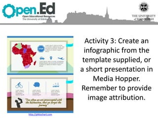 Activity 3: Create an
infographic from the
template supplied, or
a short presentation in
Media Hopper.
Remember to provide
image attribution.
http://piktochart.com
 