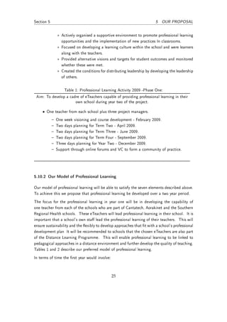 Section 5                                                                 5 OUR PROPOSAL


                ∗ Actively organised a supportive environment to promote professional learning
                  opportunities and the implementation of new practices In classrooms.
                ∗ Focused on developing a learning culture within the school and were learners
                  along with the teachers.
                ∗ Provided alternative visions and targets for student outcomes and monitored
                  whether these were met.
                ∗ Created the conditions for distributing leadership by developing the leadership
                  of others.


                    Table 1: Professional Learning Activity 2009 -Phase One:
 Aim: To develop a cadre of eTeachers capable of providing professional learning in their
                      own school during year two of the project.

     • One teacher from each school plus three project managers.
               One week visioning and course development - February 2009.
               Two days planning for Term Two - April 2009.
               Two days planning for Term Three - June 2009.
               Two days planning for Term Four - September 2009.
               Three days planning for Year Two - December 2009.
               Support through online forums and VC to form a community of practice.




5.10.2 Our Model of Professional Learning

Our model of professional learning will be able to satisfy the seven elements described above.
To achieve this we propose that professional learning be developed over a two year period.
The focus for the professional learning in year one will be in developing the capability of
one teacher from each of the schools who are part of Cantatech, Aorakinet and the Southern
Regional Health schools. These eTeachers will lead professional learning in their school. It is
important that a school's own sta lead the professional learning of their teachers. This will
ensure sustainability and the exibly to develop approaches that t with a school's professional
development plan It will be recommended to schools that the chosen eTeachers are also part
of the Distance Learning Programme. This will enable professional learning to be linked to
pedagogical approaches in a distance environment and further develop the quality of teaching.
Tables 1 and 2 describe our preferred model of professional learning.
In terms of time the rst year would involve:



                                                25
 