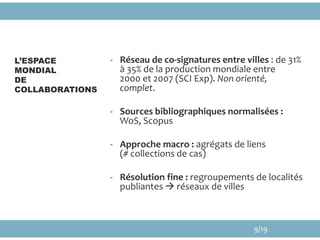 - Réseau de co-signatures entre villes : de 31%
à 35% de la production mondiale entre
2000 et 2007 (SCI Exp). Non orienté,
complet.
- Sources bibliographiques normalisées :
WoS, Scopus
- Approche macro : agrégats de liens
(# collections de cas)
- Résolution fine : regroupements de localités
publiantes  réseaux de villes
L’ESPACE
MONDIAL
DE
COLLABORATIONS
9/19
 