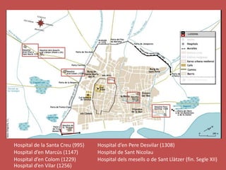 Hospital de la Santa Creu (995)
Hospital d’en Marcús (1147)
Hospital d’en Colom (1229)
Hospital d’en Vilar (1256)
Hospital d’en Pere Desvilar (1308)
Hospital de Sant Nicolau
Hospital dels mesells o de Sant Llàtzer (fin. Segle XII)
 
