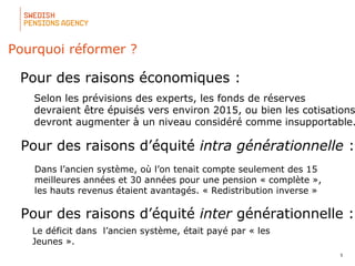 5
Pourquoi réformer ?
Selon les prévisions des experts, les fonds de réserves
devraient être épuisés vers environ 2015, ou bien les cotisations
devront augmenter à un niveau considéré comme insupportable.
Dans l’ancien système, où l’on tenait compte seulement des 15
meilleures années et 30 années pour une pension « complète »,
les hauts revenus étaient avantagés. « Redistribution inverse »
Pour des raisons économiques :
Pour des raisons d’équité intra générationnelle :
Le déficit dans l’ancien système, était payé par « les
Jeunes ».
Pour des raisons d’équité inter générationnelle :
 