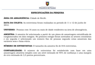 ESPECIFICAÇÕES DA PESQUISA

ÁREA DE ABRANGÊNCIA: Cidade de Recife.

DATA DA COLETA: As entrevistas foram realizadas no período de 11 e 12 de junho de
2012.

UNIVERSO: Pessoas com 16 anos ou mais de idade residentes na área de abrangência.

AMOSTRA: A amostra foi selecionada a partir de um plano de amostragem estratificada de
conglomerados em dois estágios. No primeiro estágio foram sorteados os setores censitários
e em seguida é selecionado um número fixo de pessoas segundo cotas amostrais das
variáveis sexo e faixa etária.

NÚMERO DE ENTREVISTAS: O tamanho da amostra foi de 816 entrevistas.

CONFIABILIDADE: O número de entrevistas foi estabelecido com base em uma
amostragem aleatória simples com um nível estimado de 95% de confiança e uma margem
de erro estimada de 3,5 pontos percentuais.
 