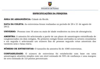 ESPECIFICAÇÕES DA PESQUISA

ÁREA DE ABRANGÊNCIA: Cidade do Recife.

DATA DA COLETA: As entrevistas foram realizadas no período de 20 e 21 de agosto de
2012.

UNIVERSO: Pessoas com 16 anos ou mais de idade residentes na área de abrangência.

AMOSTRA: A amostra foi selecionada a partir de um plano de amostragem estratificada de
conglomerados em dois estágios. No primeiro estágio foram sorteados os setores censitários
e em seguida é selecionado um número fixo de pessoas segundo cotas amostrais das
variáveis sexo e faixa etária.

NÚMERO DE ENTREVISTAS: O tamanho da amostra foi de 1080 entrevistas.

CONFIABILIDADE: O número de entrevistas foi estabelecido com base em uma
amostragem aleatória simples com um nível estimado de 95% de confiança e uma margem
de erro estimada de 3,0 pontos percentuais.
 