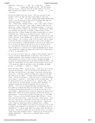11/18/2014 O level Accounting Notes 
Debtor Days – Creditor Days = ____ Days Note: Average Stock = Opening + 
Closing 2 Utilization Ratios (All higher the better) Total Asset utilization 
(Total Asset Turnover) Shows how much sales are being generated on Total Assets. 
Higher ratio indicates better utilization of Total Assets. Net Sales = ____ Times 
Total Assets 
33. Fixed Asset Utilization (Fixed Asset Turnover) Shows how much sales are being 
generated on Fixed Assets. Higher ratio indicates better utilization of Fixed Assets. 
Net Sales = ____ Times Fixed Assets Working Capital Utilization (Working Capital 
Turnover) Sows how much sales are being generated on Working Capital. Higher ratio 
indicates better utilization of Working Capital. Net Sales = ____ 
Times Working Capital Advantages of Ratios 1. Shows a trend 2. Helps to compare a 
single firm over a two years (time – series) 3. Helps to compare to similar firms over a 
particular year. 4. Helps in making decisions Disadvantages (Limitations): 1. A ratio on its 
own is isolated (We need to compare it with some figures) 2. Depends upon the reliability 
of the information from which ratios are calculated. 3. Different industries will have 
different ideal ratios. 4. Different companies have different accounting policies. E.g. Method 
of depreciation used. 5. Ratios do not take inflation into account. 6. Ratios can ever 
simplify a situation so can be misleading. 7. Outside influences can affect ratios e.g. world 
economy, trade cycles. 8. After calculating ratios we still have to analyze them in order to 
derive a conclusion. How to Comment: Usually in CIE they assign 2 marks for comment 
on each ratio. One mark is for indicating if the ratio is better or worse (not higher or 
lower). The second mark is to explain the importance or the reason of the change in ratio. 
For e.g. If Gross Profit Margin was 40% and now its 50%, you should say that the 
Gross profit Margin has improved (rather than increased) and this may be due to an 
increase in selling price or a decrease in cost of goods sold (depending upon the question). 
Also remember that the liquidity and utilization ratios should be close to industry average. 
Too less or too much liquidity is bad! 
34. At the end of your answer, always give a conclusion • When comparing a single firm 
over two years then do mention performance of which year is better. (In terms of 
profitability and liquidity) • When comparing two different firms over the same year do 
mention performance of which firm is better. (In terms of profitability and liquidity). If 
the question says evaluate profitability then use (GP Margin, NP Margin and ROCE) If the 
question says evaluate liquidity, use (Current Ratio, Acid Test and Rate of Stock Turnover) 
If the question says evaluate the performance it means both profitability and liquidity. 
Best ways: 3 – Profitability 2 – Liquidity  1 – Utilization 
35. ALL THE SMALL THINGS. Financial Accounting - ‐ Written down value or net book 
value means after depreciation. - ‐ Only assets and expenses have debit balances, all the 
other things in the world will have a credit balance. - ‐ Sales invoice would mean good 
sold on credit. - ‐ If bad debt is inside the trial balance then it means that it has already 
been subtracted from the Debtors. - ‐ Everything outside the Trial Balance has to come 
TWICE. - ‐ Provision for depreciation is a Contra Asset Account. It is NOT AN EXPENSE, 
since its balance is brought down. - ‐ All the balance c/d go to the Balance Sheet. - ‐ All 
the expenses and incomes are in the Profit and Loss a/c. - ‐ Revenue = Sales. - ‐ When it 
is NOT specified how you bought Machinery, you make it BANK! Automatically. - ‐ If 
NOTHING is specified about the policy of Depreciation, then you account for it 
MONTHLY. - ‐ Every Asset has an Opening Debit balance and Closing Credit balance. - ‐ 
Every Liability has an Opening Credit balance and closing Debit balance. - ‐ The Amount of 
Loan interest still owing and not paid (which was to be paid this year) comes in the 
Current Liabilities. - ‐ Departmental Account: If given with prepayment any expenses, then we 
SHOULD FIRST ADJUST the accruals and prepayments, and then divide them into % of 
EACH department. - ‐ Control Account is not part of the double entry. It is THE THIRD 
ENTRY. - ‐ List price is the price WITHOUT deducting TRADE DISCOUNT. - ‐ Set off 
always reduces the Control Account! - ‐ Credit Notes received = Return Outwards - ‐ Credit 
Notes sent = Return Inwards - ‐ BAD DEBTS recovered comes on the debit side of the 
Sales Ledger Control Account (S.L.C.A) and even on the credit side. - ‐ Whenever you 
receive a cheque from BANK marked ‘REFER TO DRAWER’ then it is CHEQUE 
DISHONOURED - ‐ FIX NET PROFIT: In the Journal, if the account goes in the N.P, then 
if something is being CREDITED it will INCREASE N.P, or if it DEBITED, then it will 
DECREASE N.P. - ‐ To find the opening balance in the Suspense LEAVE THE FIRST two 
lines empty. - ‐ The amount of stationery used, goes in the Profit and Loss as an expense. 
- ‐ Sundry Expense means miscellaneous expenses. - ‐ Whatever goes in the Profit and Loss is 
REVENUE EXPENDITURE. - ‐ Whatever goes in the BALANCE SHEET is CAPITAL 
EXPENDITURE. 
http://www.slideshare.net/talhaalhamd/o-level-accounting-notes 49/51 
 