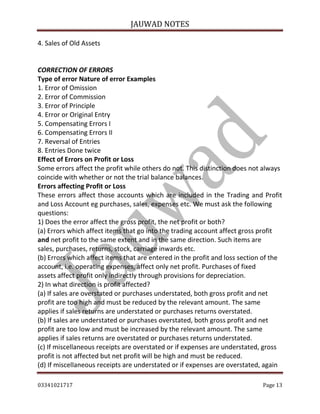 4. Sales of Old Assets

JAUWAD NOTES

CORRECTION OF ERRORS
Type of error Nature of error Examples
1. Error of Omission
2. Error of Commission
3. Error of Principle
4. Error or Original Entry
5. Compensating Errors I
6. Compensating Errors II
7. Reversal of Entries
8. Entries Done twice
Effect of Errors on Profit or Loss
Some errors affect the profit while others do not. This distinction does not always
coincide with whether or not the trial balance balances.
Errors affecting Profit or Loss
These errors affect those accounts which are included in the Trading and Profit
and Loss Account eg purchases, sales, expenses etc. We must ask the following
questions:
1) Does the error affect the gross profit, the net profit or both?
(a) Errors which affect items that go into the trading account affect gross profit
and net profit to the same extent and in the same direction. Such items are
sales, purchases, returns, stock, carriage inwards etc.
(b) Errors which affect items that are entered in the profit and loss section of the
account, i.e. operating expenses, affect only net profit. Purchases of fixed
assets affect profit only indirectly through provisions for depreciation.
2) In what direction is profit affected?
(a) If sales are overstated or purchases understated, both gross profit and net
profit are too high and must be reduced by the relevant amount. The same
applies if sales returns are understated or purchases returns overstated.
(b) If sales are understated or purchases overstated, both gross profit and net
profit are too low and must be increased by the relevant amount. The same
applies if sales returns are overstated or purchases returns understated.
(c) If miscellaneous receipts are overstated or if expenses are understated, gross
profit is not affected but net profit will be high and must be reduced.
(d) If miscellaneous receipts are understated or if expenses are overstated, again
03341021717

Page 13

 