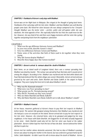 57
CHAPTER 2
1. What was the age difference between Azreen and Madhuri?
2. In your own words, describe Azreen’s sister?
3. Give two differences between Azreen and Madhuri.
4. Name some of the activities that both of them used to do together when they were
young.
5. Why did Azreen despise Madhuri?
6. Describe those happy days that Azreen recalled?
CHAPTER 3
1. Why was Pn. Kamisah irritated?
2. What news was Noor spreading in class?
3. What gossip was Pn. Normala passing around?
4. Why did Pn. Normala say they were cursed?
5. Who are Datin Sharifah and Datuk Zulkifli?
6. Why did Datin Sharifah warn Datuk Zulkifli not to talk about Madhuri’s death?
CHAPTER 2 - Flashback of Azreen’s early days with Madhuri.
Azreen was on her flight back to Malaysia. She cringed at the thought of going back home.
Flashbacks of her early days with her late sister, Madhuri, and how Madhuri was well-liked by
people came back. She hated her sister because she was always compared to her. Everyone
thought Madhuri was the better sister – prettier, polite and soft-spoken while she was
obstinate, the total opposite of her. She especially hated the fact that she could never be like
her. However, she was fond of her and there were happy memories with her sister like cycling
together and picking fruits from the neighbours’ plantation.
CHAPTER 3 - Azreen’s arrival & rumours about the death of Madhuri.
Back home, on an island south of Langkawi Island, there was a rumour spreading that
Madhuri was dead by murder. This rumour was spread by Puan Normala and it caused unrest
among the villagers. According to her, Madhuri was murdered and she bled white blood and
Puan Normala believed that the whole village was cursed. Meanwhile, Azreen arrived and was
greeted by her aunt and uncle, Datin Sharifah and Datuk Zulkifli at the airport in Pulau
Langkawi. They were trying their best not to talk about Madhuri’s death.
CHAPTER 4 - Madhuri’s Funeral.
At her house, mourners gathered at Azreen’s house to pay their last respects to Madhuri
before burial. The women folk gossiped among themselves that Madhuri was murdered and
she had put a curse on everyone on the island. Azreen arrived late to pay her last respects to
her late sister. However, she returned home, only to be gossiped and judged by her nosy
neighbours. In her house with Datin Sharifah, she begged her to tell what actually happened
to her sister. Datin Sharifah could only tell her that her sister was found at the rubber
plantation. Azreen’s father kept her from the fact of how she died. Azreen believed her father
did that to spite her.
Azreen met her mother whose dementia worsened. She had no idea of Madhuri’s passing.
Azreen was about to bring her mother to the funeral, but was ordered to go back home by her
father, Saleh Abdullah. He didn’t want his wife to know about the death of Madhuri. Azreen
 
