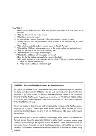 62
CHAPTER 8
1. Based on the basket incident, what can you conclude about Azreen’s sister and her
mother?
2. Why did Azreen run out of the house?
3. What happened to the house?
4. In your opinion, why do you think Pn Fatihah wanted to visit the bomoh?
5. Asraf wanted to send his grandmother to the hospital in the mainland but he couldn’t
do so. Why?
6. Who is Saleh Abdullah and why was he angry at Bomoh Awang?
7. What did the Old Lady witness as she was in the jungle, collecting herbs and roots?
8. Why did Asraf go to the market on that rainy day?
9. What happened to the crops in the village?
10. What did the Old Lady advise Azreen about life?
11. How did the Old Lady treat Asraf who came for her help?
12. After much persuasion, Azreen finally convinced the Old Lady to go to Asraf’s house.
a. How did Azreen persuade her?
b. Why was the Old Lady reluctant to go?
CHAPTER 9 - The mob at Mohd Asraf’s house. Nek’s health recovery.
Siti kept an eye on Mohd. Asraf‟s grandmother (Nek) while he went out to get her medicine.
He finally came back with the Old Lady. The Old Lady examined Asraf’s grandmother and
went out to get herbs for her. Pn. Kamsiah and Normala were curious at the Old Lady‟s
presence at Mohd. Asraf‟s house. They planned to get rid of her. The Old Lady made a mixture
of herbs and gave it to Asraf’s grandmother. The condition of Asraf’s grandmother improved,
to the delight of the Old Lady, .
Azreen was puzzled to discover a university prospectus that revealed Mohd. Asraf‟s intention
to pursue his studies in Kuala Lumpur. When Azreen returned home, she saw the bomoh
scampering behind the bushes. He came to tell her that there was a big crowd on the way to
Asraf’s house.
Azreen hurriedly went to Asraf‟s house and saw the angry crowd headed by Puan Normala.
Normala blamed Azreen for bringing the Old Lady to Mohd. Asraf‟s house and causing heavy
downpour to hit the village. An argument started and Azreen‟s father intervened to stop the
commotion. Azreen then made her way to Asraf’s house and was told that Nek was beginning
to recover. They thanked the Old Lady for bravely coming over to cure Nek and the rain finally
stopped.
 